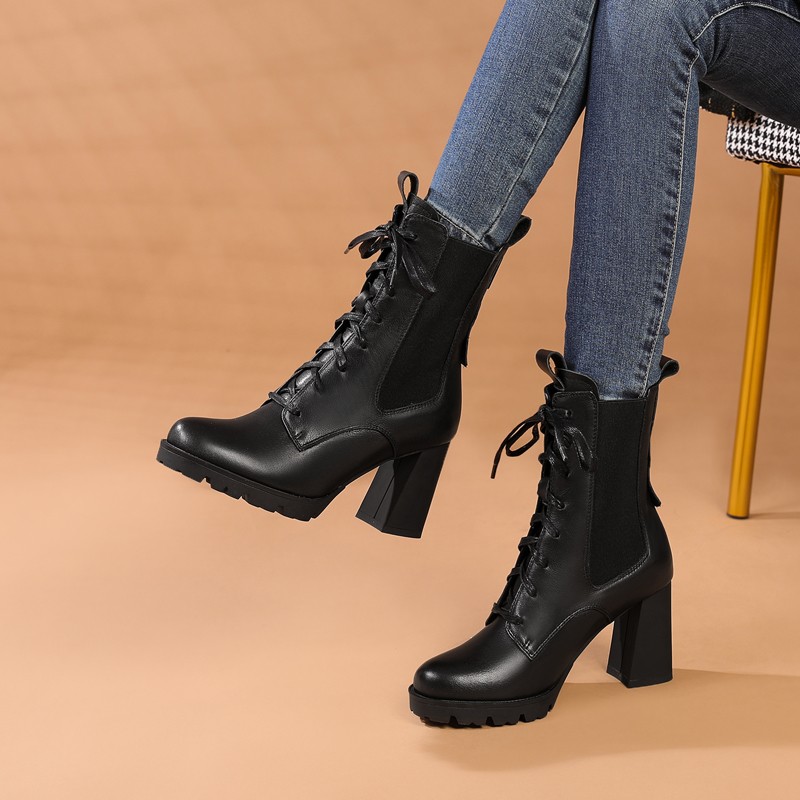 时装靴女圆头短筒靴前系带后拉链松紧拼接烟筒靴女时尚马丁靴女靴子女