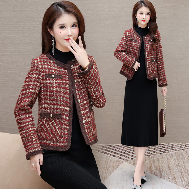 珂璐薇小香风短款外套2024秋冬新款洋气妈妈减龄显瘦小个子长袖格子上衣 红格 2XL