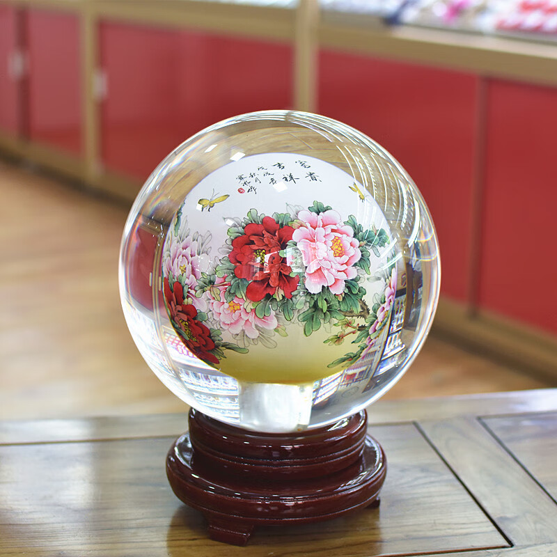 洺帆内画水晶球富贵牡丹内画水晶琉璃球玻璃工艺品家居摆件商务礼品