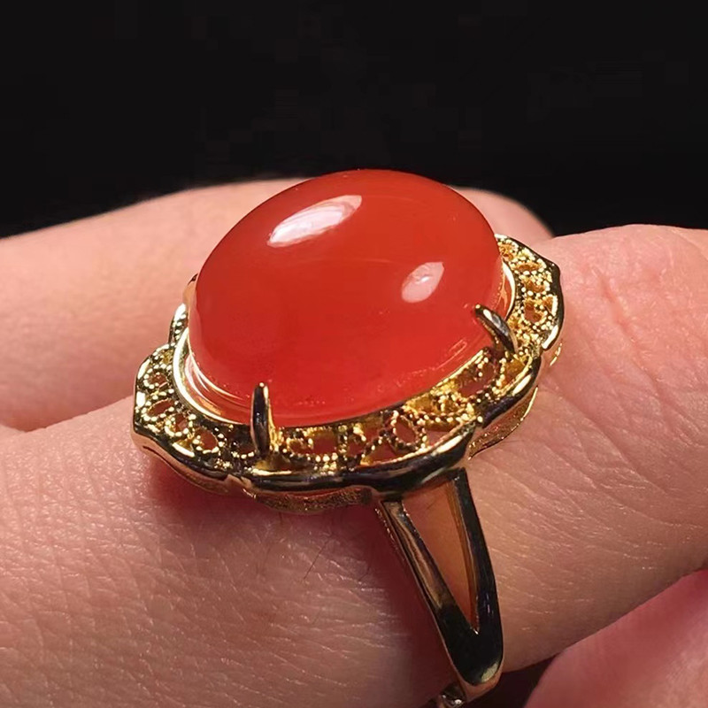 正河珠宝保山南红冰红戒指直径14.2x11.3mm