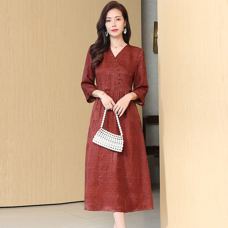 香云纱真丝长袖连衣裙女2023夏季新款复古高端精致红云纱显瘦裙子 红