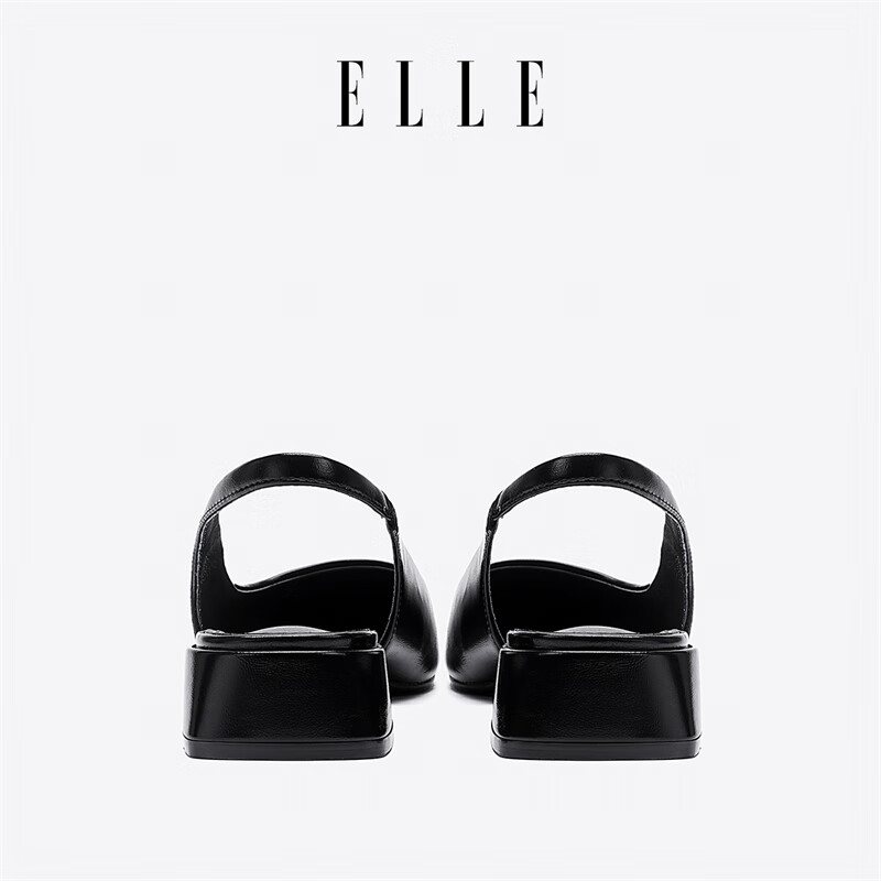ELLE官方女鞋新款包头凉鞋女法式方头单鞋通勤低跟鞋子 黑色 3cm 38 (240mm) 标准码