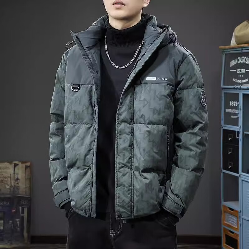 潮天士冬季男士羽绒服90白鸭绒连帽面包服加厚防风抗寒冲锋外套男上衣 灰绿色 M （100-130斤）