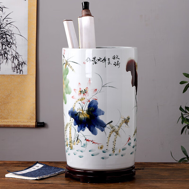 瓷小奴景德鎮陶器字畫(huà)收納筒字畫(huà)桶手繪窯變箭筒卷軸缸書(shū)畫(huà) 小號荷花高45cm口徑30cm直筒型