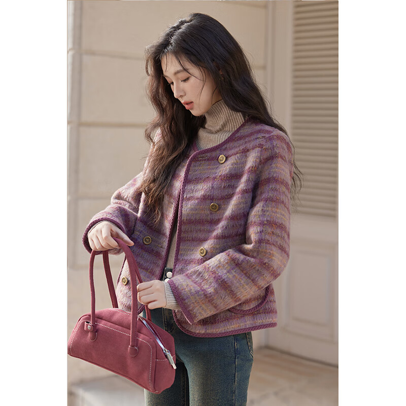 谜秀小香风格子毛呢羽绒服外套女2026秋冬新款双排扣短款保暖上衣 乌梅紫酱 S