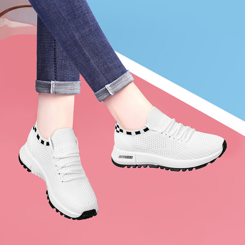 parbaoga品牌休闲鞋女鞋春季小白鞋女透气舒适网面跑步运动鞋子女 白