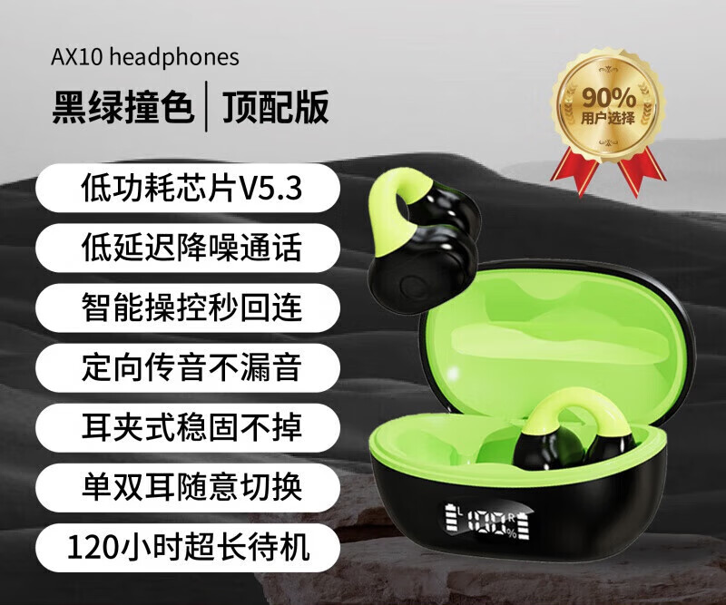 竣芮跨境蓝牙耳机耳夹式不入耳无痛跑步运动无线夹耳蓝牙耳机超长续航 AX10黑配绿(夹耳无痛+蓝牙5.3+高