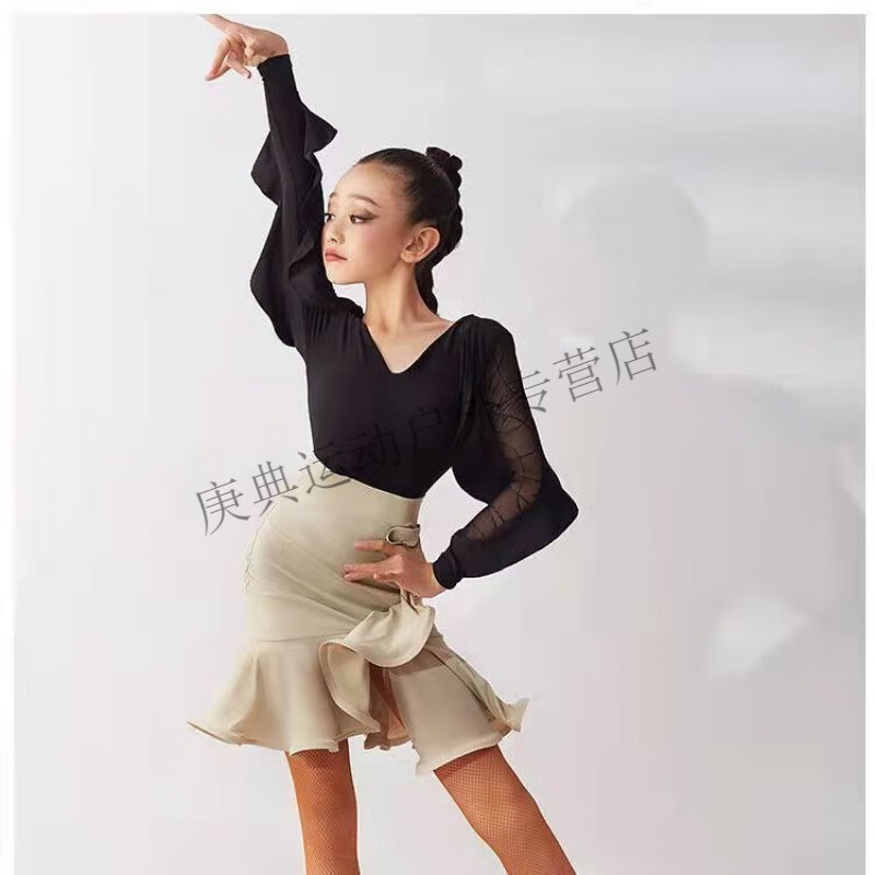 炫逐女童拉丁舞服2024秋季练功服舞蹈艺考女孩演出服拉丁舞半裙流苏 均码 单件黑色上衣长袖110