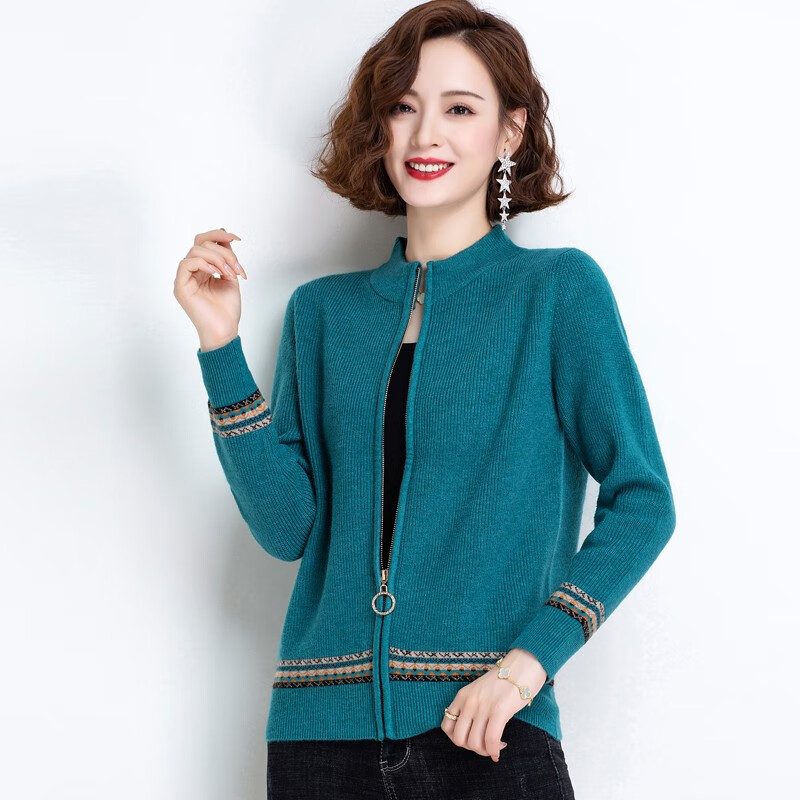 XEHCI2022新款针织衫女春秋新款立领百搭针织开衫拉链毛衣外套上衣 绿色 L(建议105-115斤)