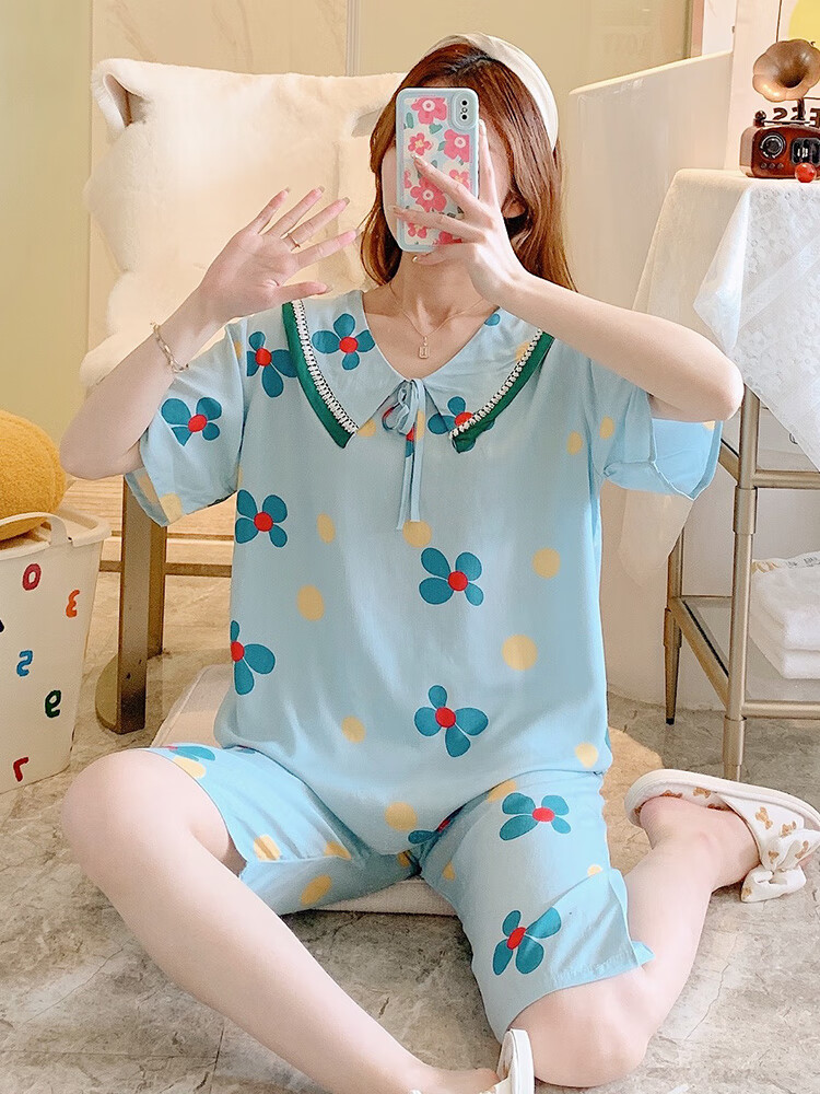 浪莎夏季可爱少女绵绸睡衣女士短袖薄款纯棉绸套装韩版人造棉家居服