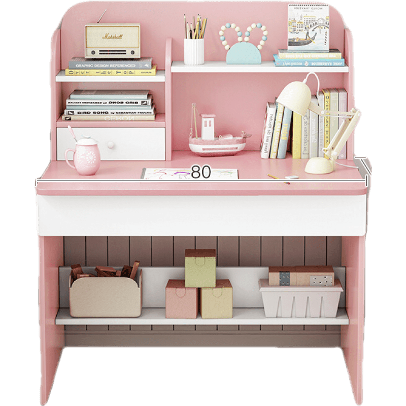醉季书桌带书架电脑桌家用写字学习桌卧室小学生桌椅组合简约现代 80X55X122CM淡粉色单桌 转角设计多元储物