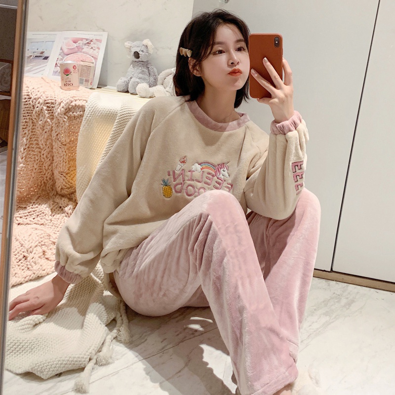 高中女生冬天睡衣加棉珊瑚绒睡衣女秋冬季加厚保暖加绒法兰绒可爱学生