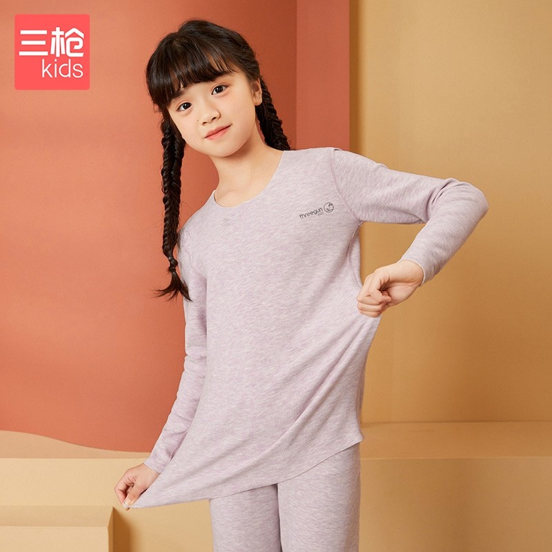 三枪童装 新款抑菌花灰双色薄男童女童儿童无痕圆领内衣套装 浅紫 女童 170 -175