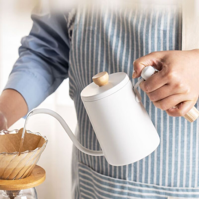 gok手冲咖啡壶带温度计304不锈钢长嘴壶细口壶套装木柄壶手冲壶 素白