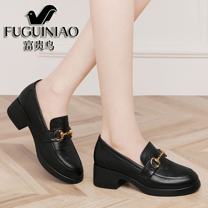 富贵鸟女鞋头层牛皮乐福鞋女2024年新款春季粗跟单鞋中跟英伦风小皮鞋