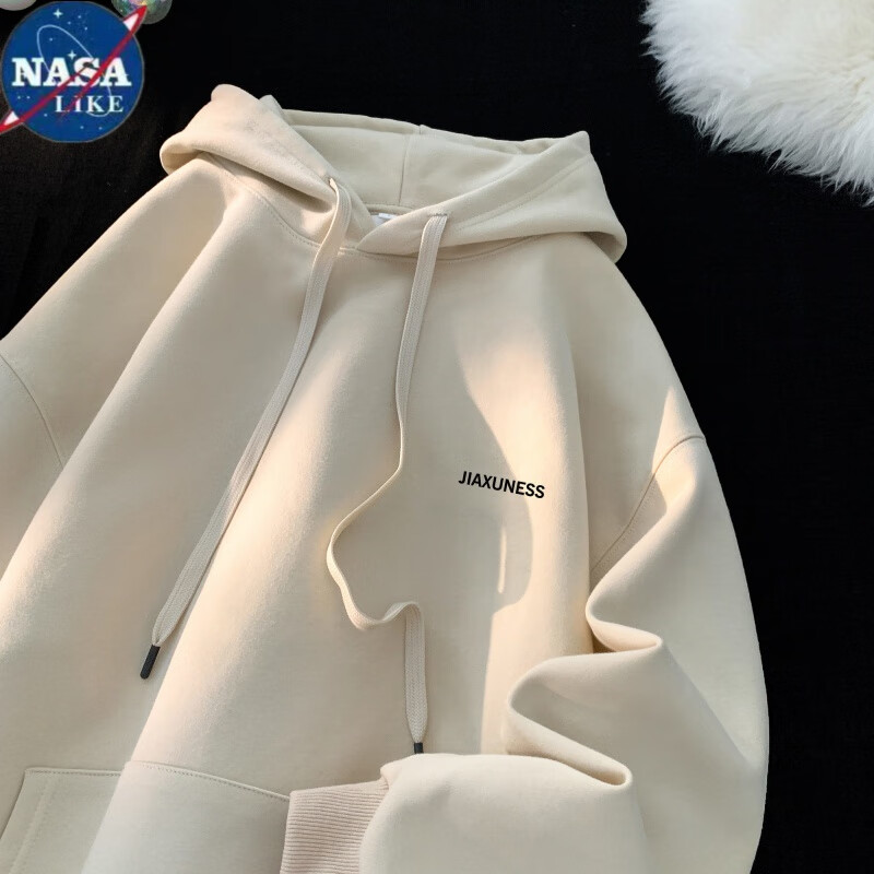 NASALIKE420g重磅純棉連帽衛(wèi)衣男生春秋新款美式潮牌oversize情侶休閑外套 杏色 加絨 2XL 140-160斤左右