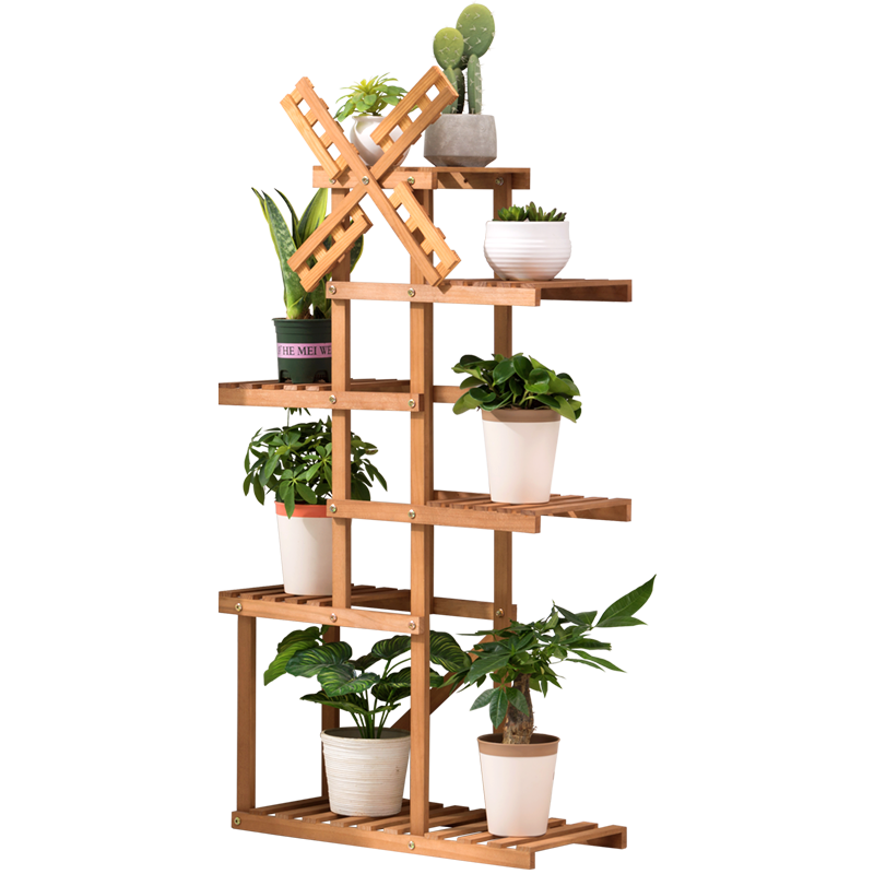 老竹匠落地多层实木简约室内客厅花架子阳台绿萝多肉花盆架中式绿植架加厚盆景架收纳置物架-升级款风车六层