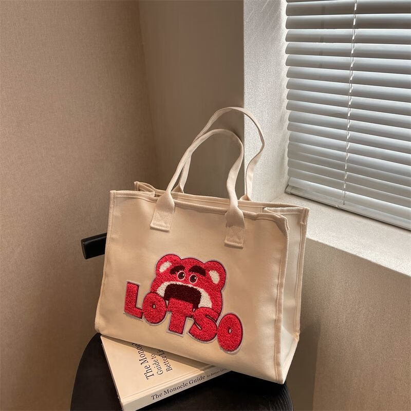 络伊得草莓熊包包女新款日系卡通单肩包大容量帆布包学生通勤托特包 米色单肩草莓熊【升极加厚+内衬