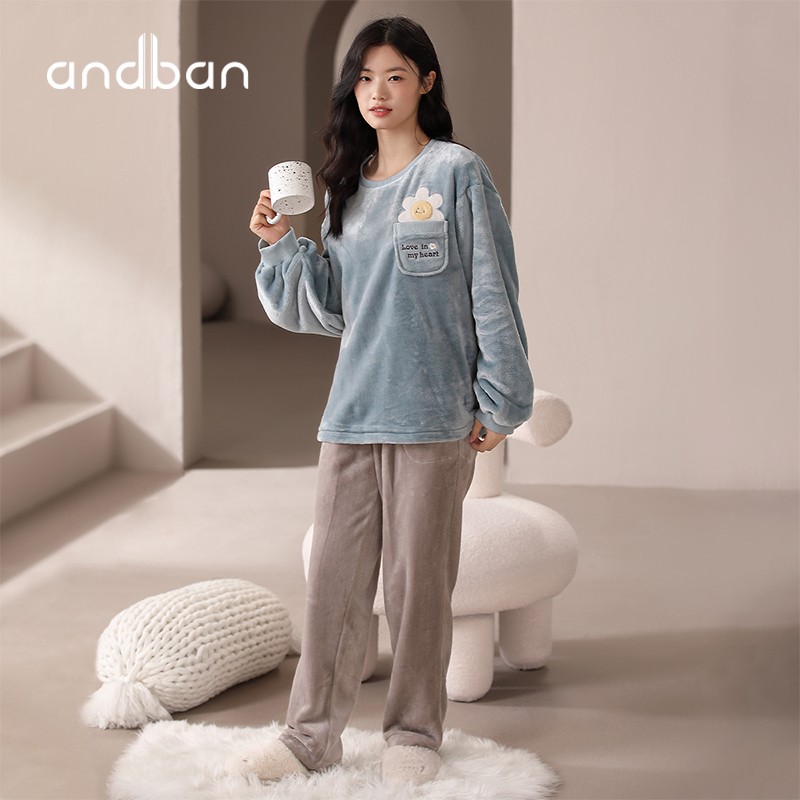 安之伴睡衣女晚秋冬法兰绒保暖厚款圆领可爱小花可外穿女士家居服套装 冰兰 XL