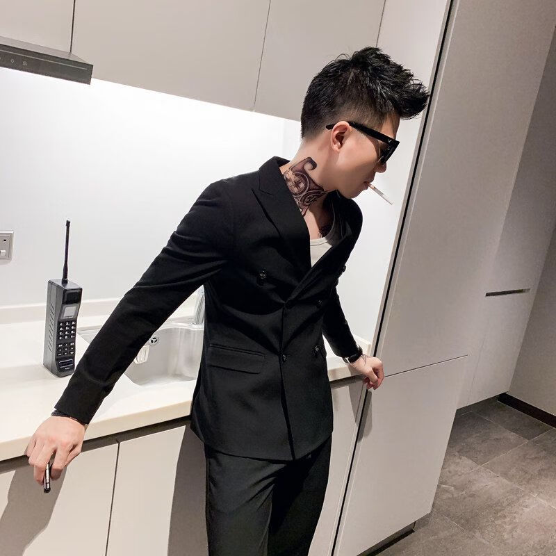 褐舟 精神小伙西装痞帅雅痞双排扣西装男套装社会小伙韩版修身青年
