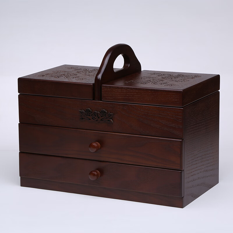 木鑫藤复古中式针线盒木质大号缝纫针织材料收纳盒家用针线盒有盖木制