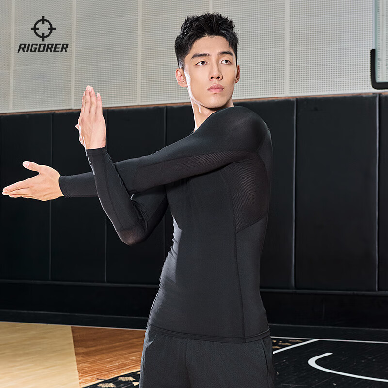 准者压缩衣男新款圆领长袖健身衣跑步速干高弹训练柔软透气轻薄紧身衣 纯正黑 L 175