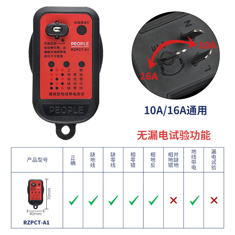 人民电器(people)插座测试相位检测仪电源极性测电器验电器漏电地线