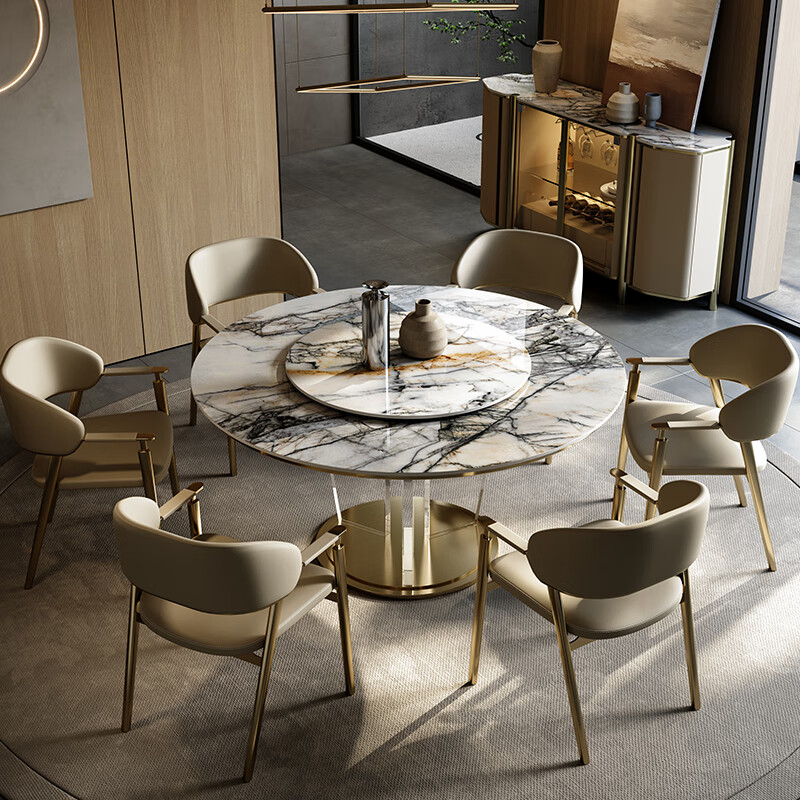美得乐轻奢岩板圆餐桌现代亚克力带转盘圆桌家用高档饭桌圆形餐桌椅