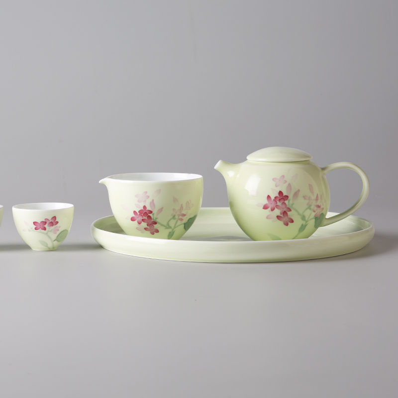 国瓷红官窑 丁香花开8头功夫茶具 醴陵釉下五彩陶瓷茶具 高档色釉茶壶