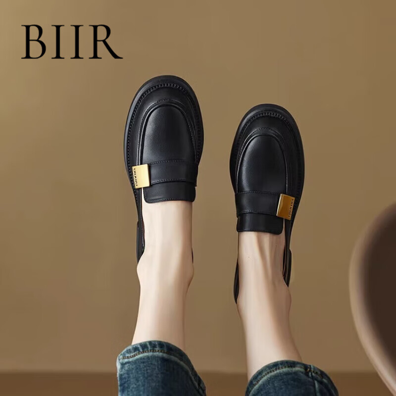 百丽伊人（BIIR）单鞋女士新款圆头乐福鞋2023年英伦风小皮鞋一脚蹬时尚的品牌女鞋 黑色 36