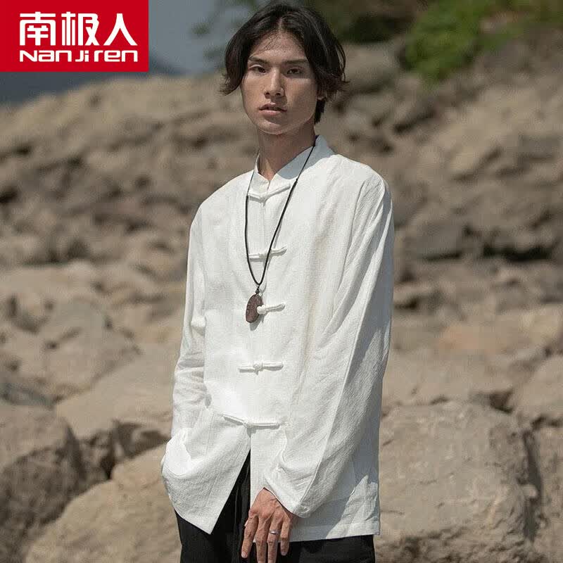 南极人唐装男潮牌复古青年中国风亚麻衬衫长袖棉麻中华立领中山衬衣服民 白色 2XL高性价比高么？