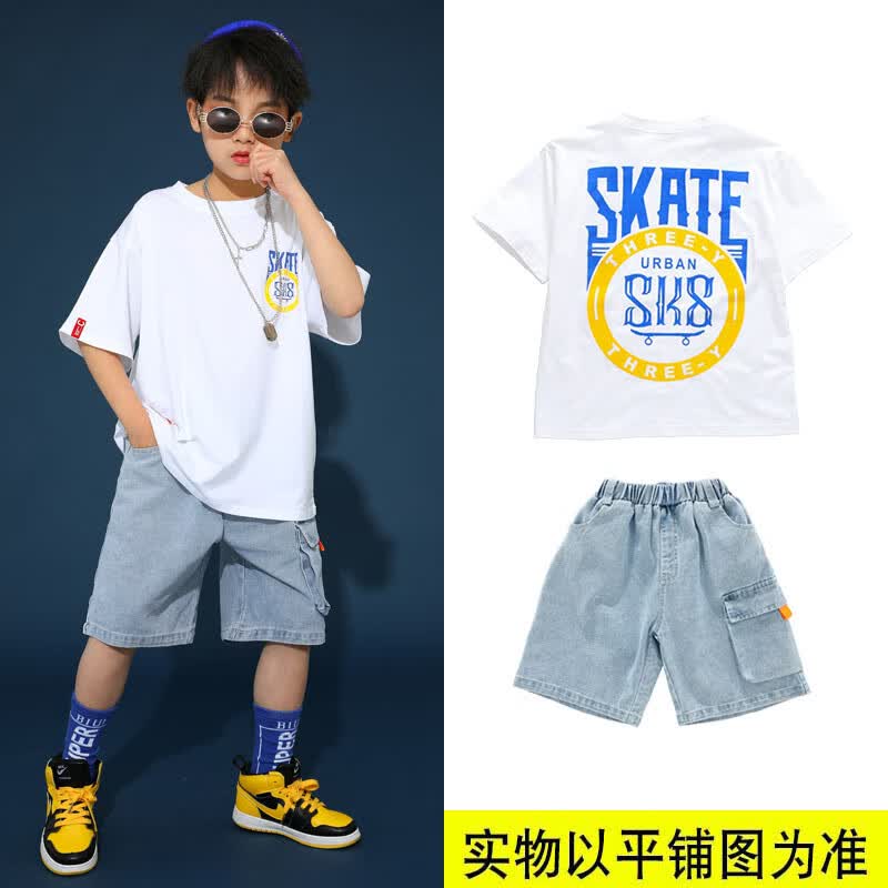 希柏诗街舞服装 男童炫酷夏女同款儿童演出服潮服嘻哈套装hiphop潮牌 白SKS短袖+牛仔短裤 160cm(160cm)高性价比高么？