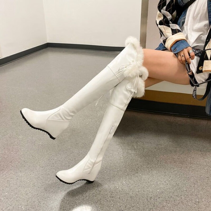 【精选】内增高过膝长靴女秋冬新款雪地靴白色弹力显瘦高筒靴坡跟大码