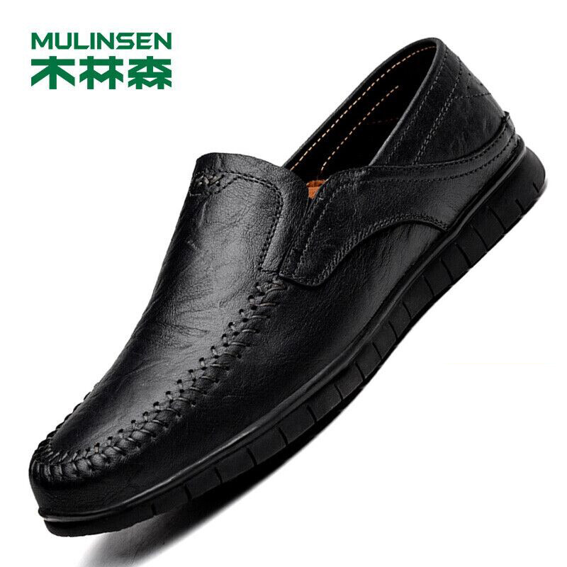 木林森（MULINSEN）时尚男鞋休闲鞋 简约舒适套脚商务休闲皮鞋豆豆鞋 男 黑色 42码 8028