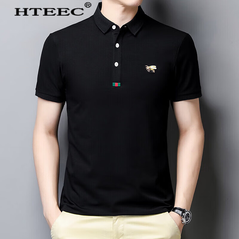 hteec香港潮牌2023夏季新款小蜜蜂刺绣短袖polo衫男士薄款商务翻领上衣黑色 2XL