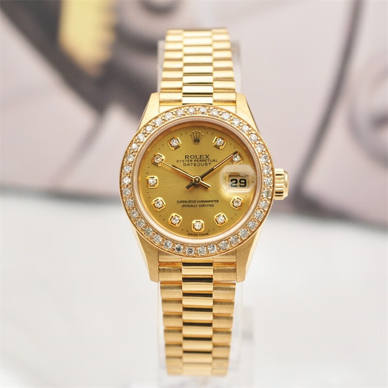 劳力士女表18k黄金自动机械69178后镶钻日历26mm瑞士奢侈品二手手表