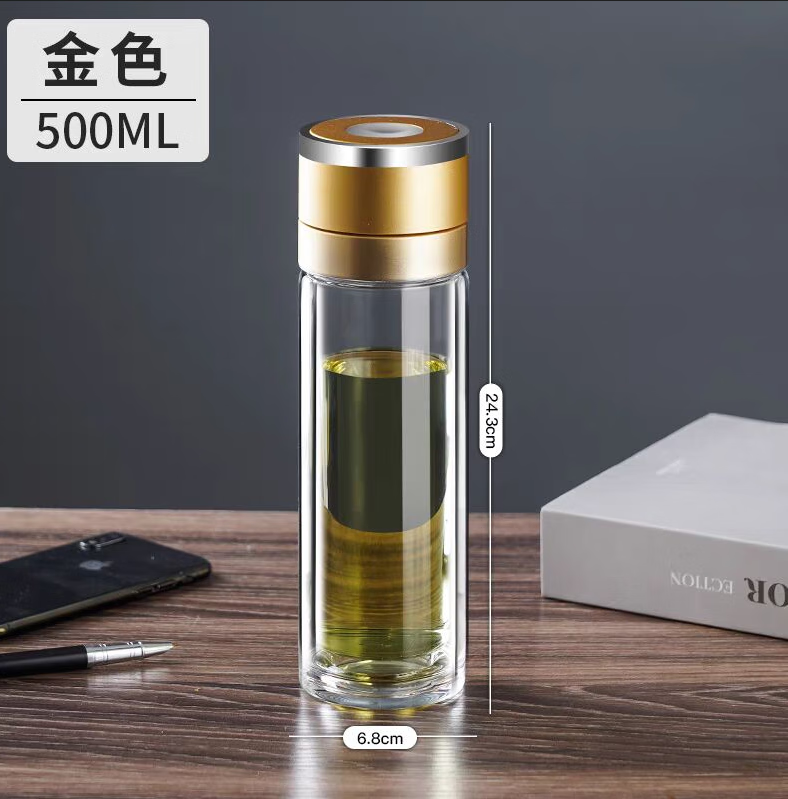 ZSR泡茶杯水杯男士便携高茶水分离杯子一键开盖双层玻璃杯车载速开杯 【双层加厚】香槟金500ml