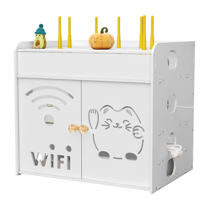 生活乐章 路由器电线收纳盒光猫壁挂式墙上免打孔桌面无线wifi机顶盒置物架 招财猫4层双门小号