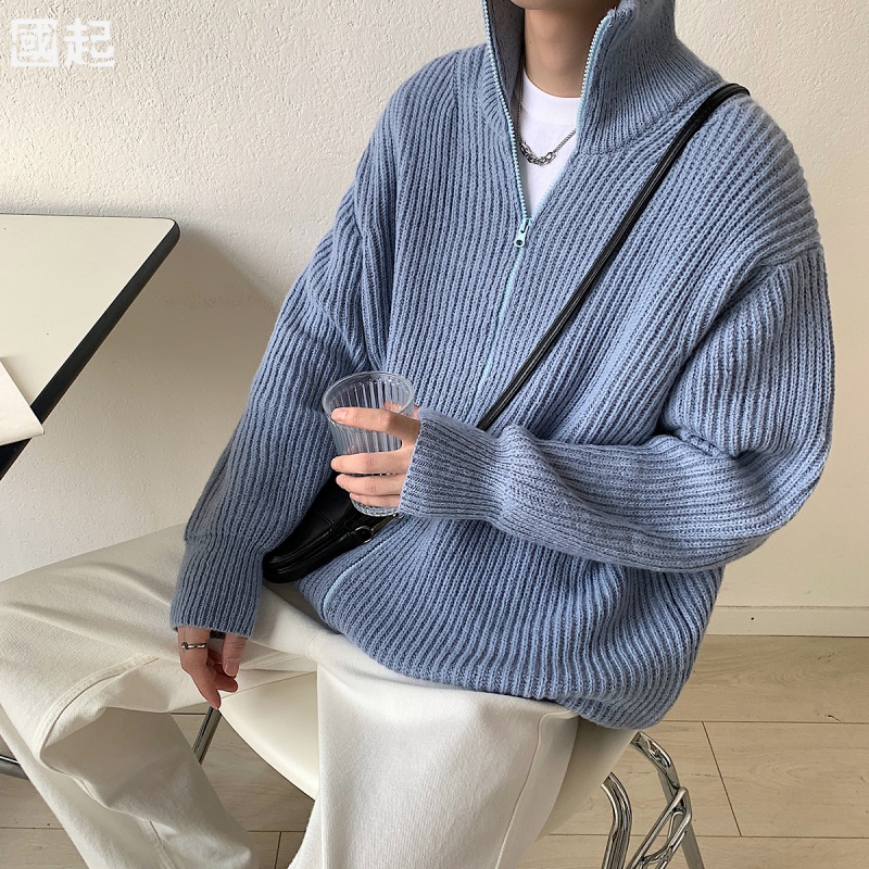 x灰色开衫毛衣慵懒高级感情侣装roora网红针织oversize外套男 雾霾蓝