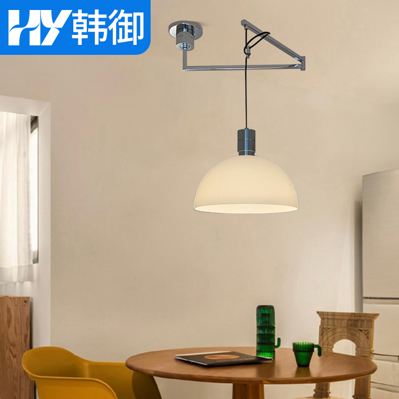 韩御 【包安装】可移位餐厅吊灯 卧室餐桌位移侘寂风移动摇臂餐厅灯 白色玻璃罩+铬色摇臂_三色光 新款