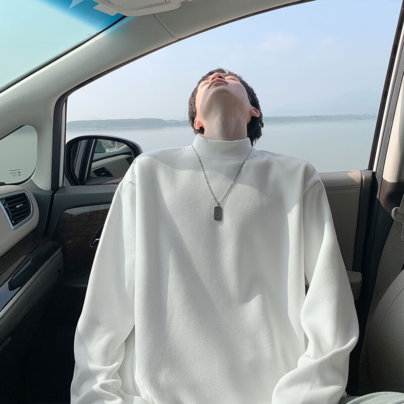 Shelley Jones 半高领德绒长袖t恤男春秋季新款保暖内搭打底衫宽松痞帅潮牌上衣 白色 XL [建议125-145斤]