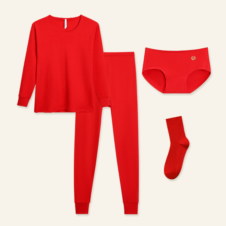 红豆红内衣保暖套装情侣本命年红秋衣秋裤纯棉男女打底鸿运组合 女士