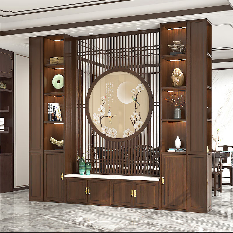 秋佳新中式实木电视柜一体组合墙柜隔断柜客厅电视机柜现代中式背景墙