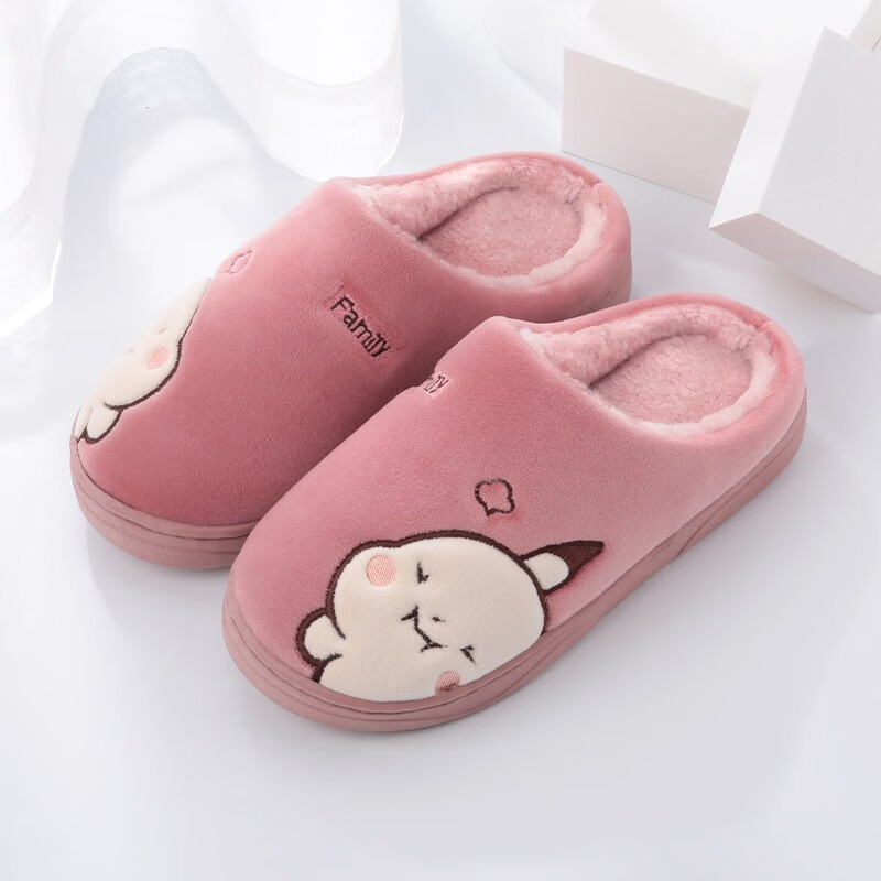 乐拖棉拖鞋女秋冬季室内居家居保暖情侣家用卡通可爱防滑厚底毛绒棉拖鞋男士冬天 豆沙色 38-39(适合37-38的脚穿)