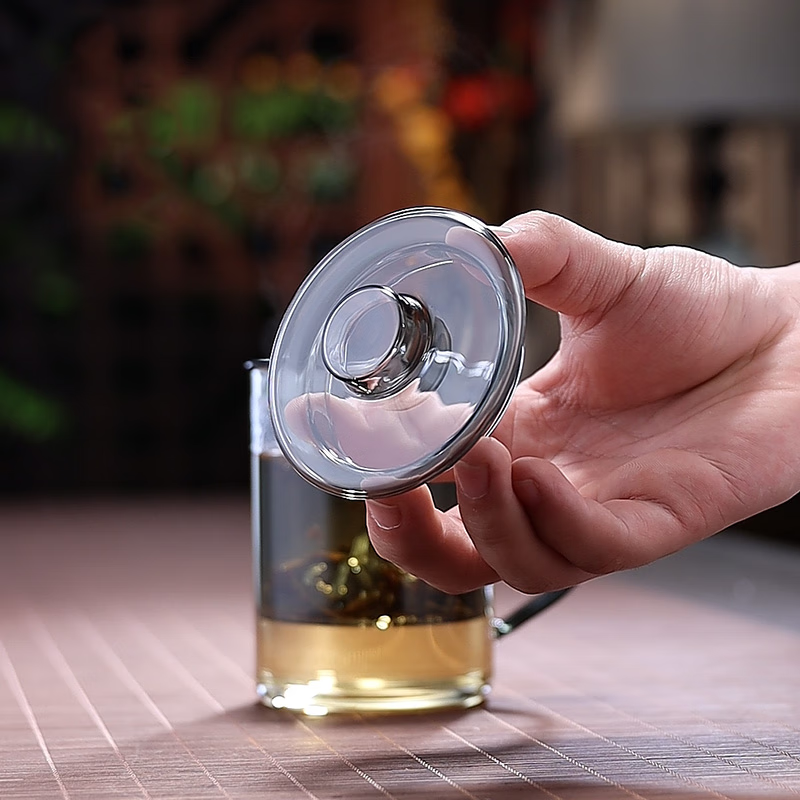 全度高硼硅耐热玻璃加厚茶杯办公室茶水分离三件式泡茶杯家用水杯 观山茶漏三件杯【钮盖】 400ml 1只