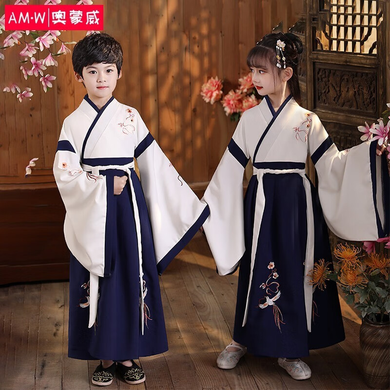 奥蒙威儿童古装汉服表演服男女书童国学服朗诵SMD-BY05雀栖白蓝130怎么看?