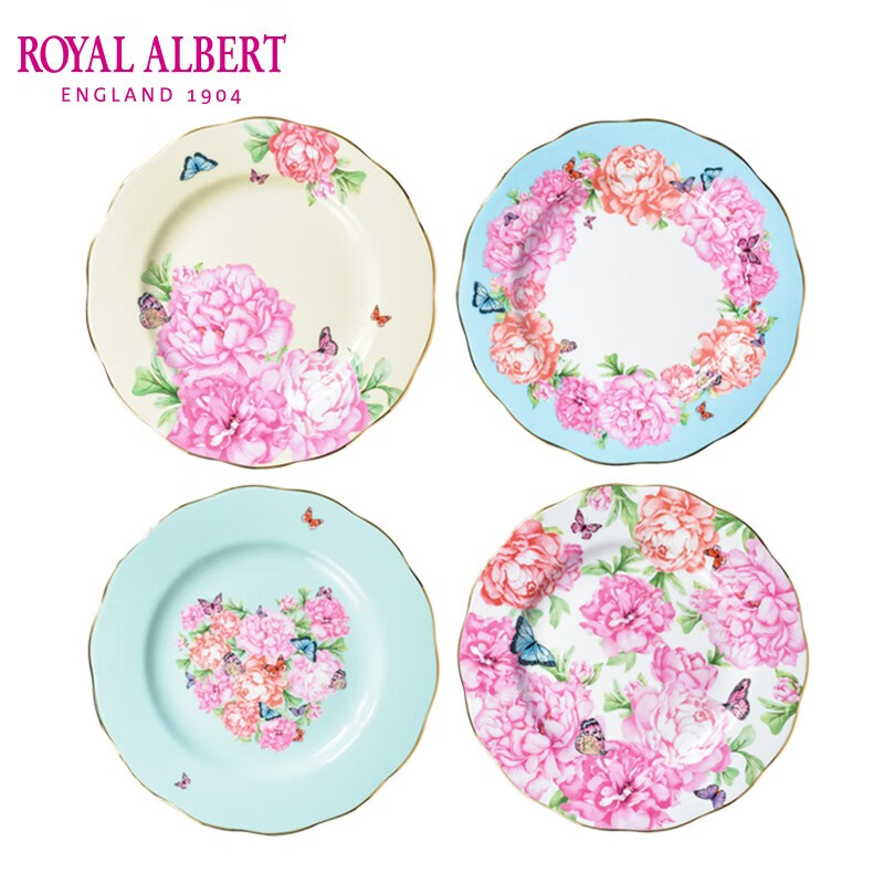 Royal Albert英国皇家阿尔伯特进口骨瓷餐具茶具盘子镀金抹边餐盘米兰达可儿牡丹花 四件套花色B