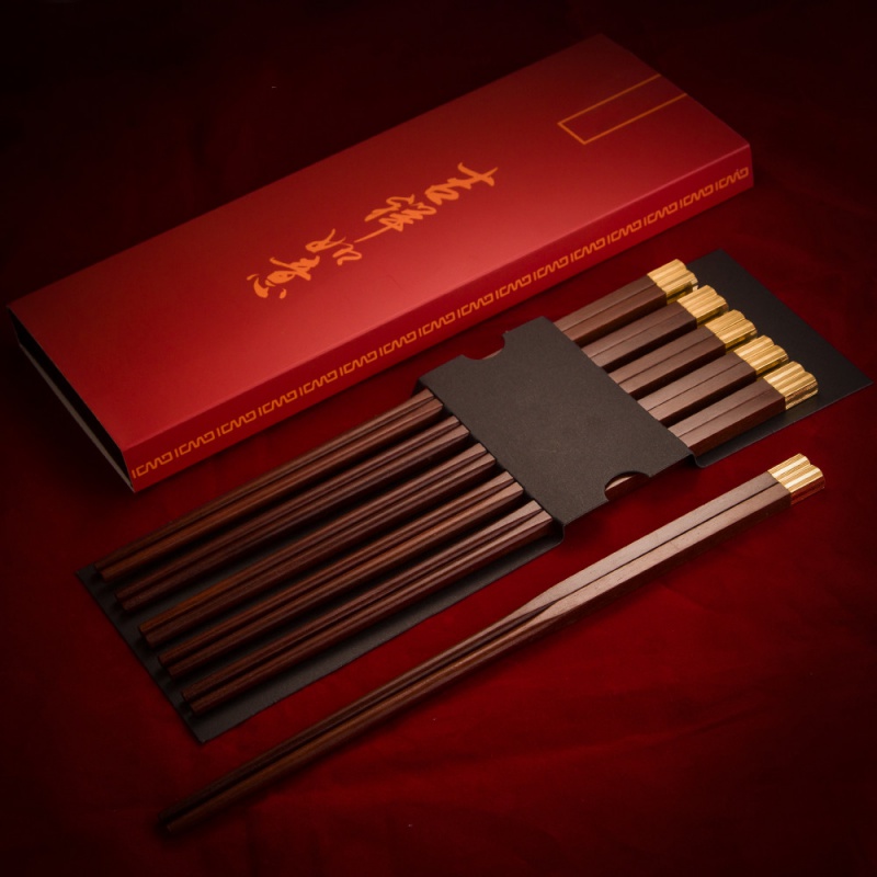 高端筷子红木十双装家用实木家庭筷子套装 金顶洪福红檀木筷子10双