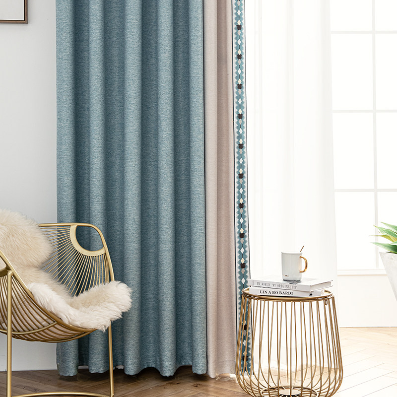 窗帘遮光客厅卧室现代简约轻奢成品大气棉麻布北欧定制 暖蓝+米白  4米布挂钩式/宽2.0*高2.7【2片】