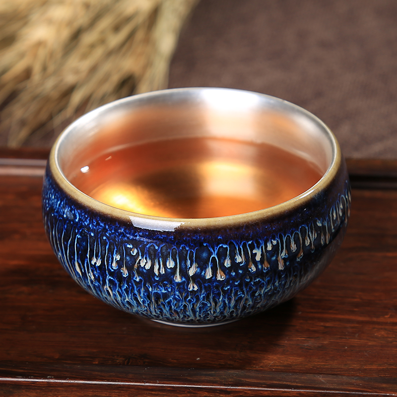 【品质好物】景德镇99纯银功夫茶杯建盏天目釉窑变鎏银品茗杯主人杯单